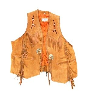 International Male Leather Beaded Fringe Western Cowboy Vest Sz. XL Tan